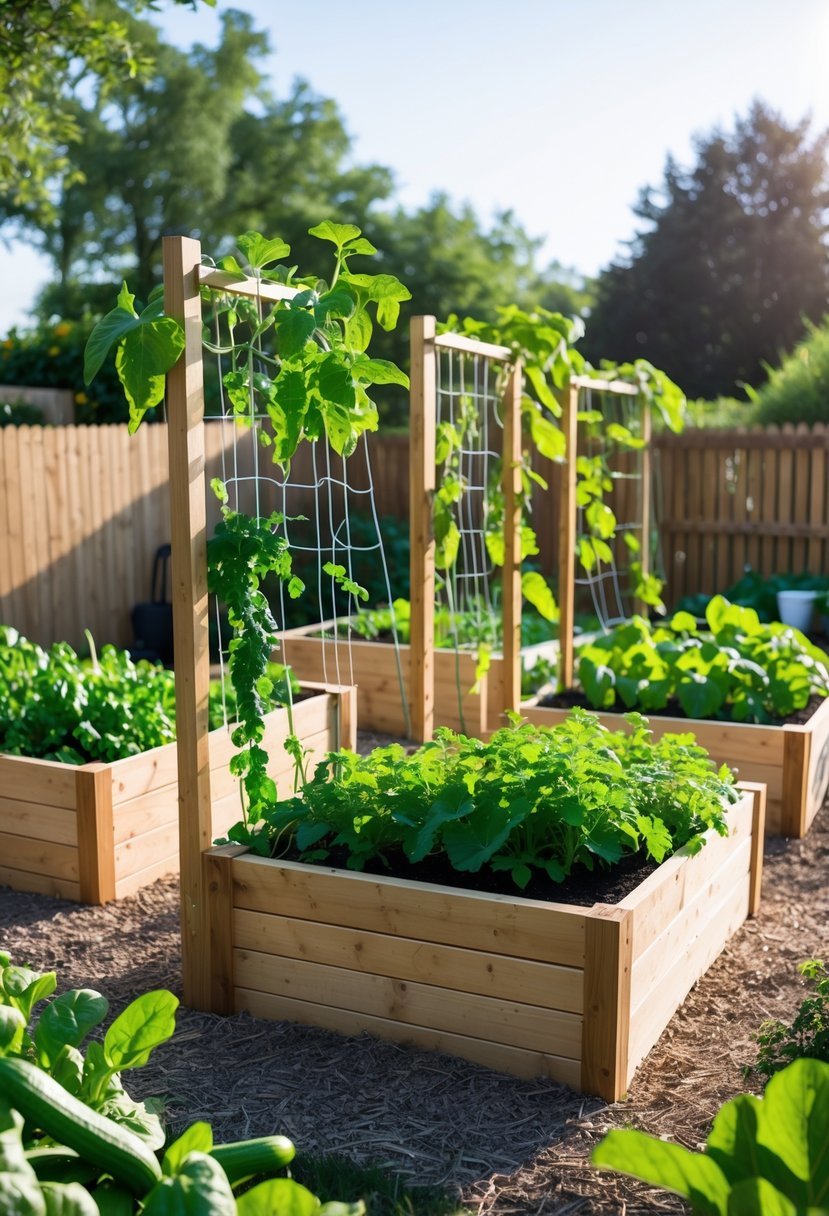 Backyard with raised wooden vegetable beds and trellises supporting climbing plants, surrounded by mulch instead of grass.