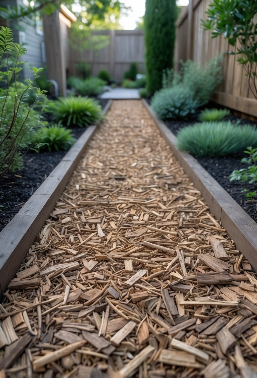 A backyard walking path covered with wood chips surrounded by green plants and shrubs.
