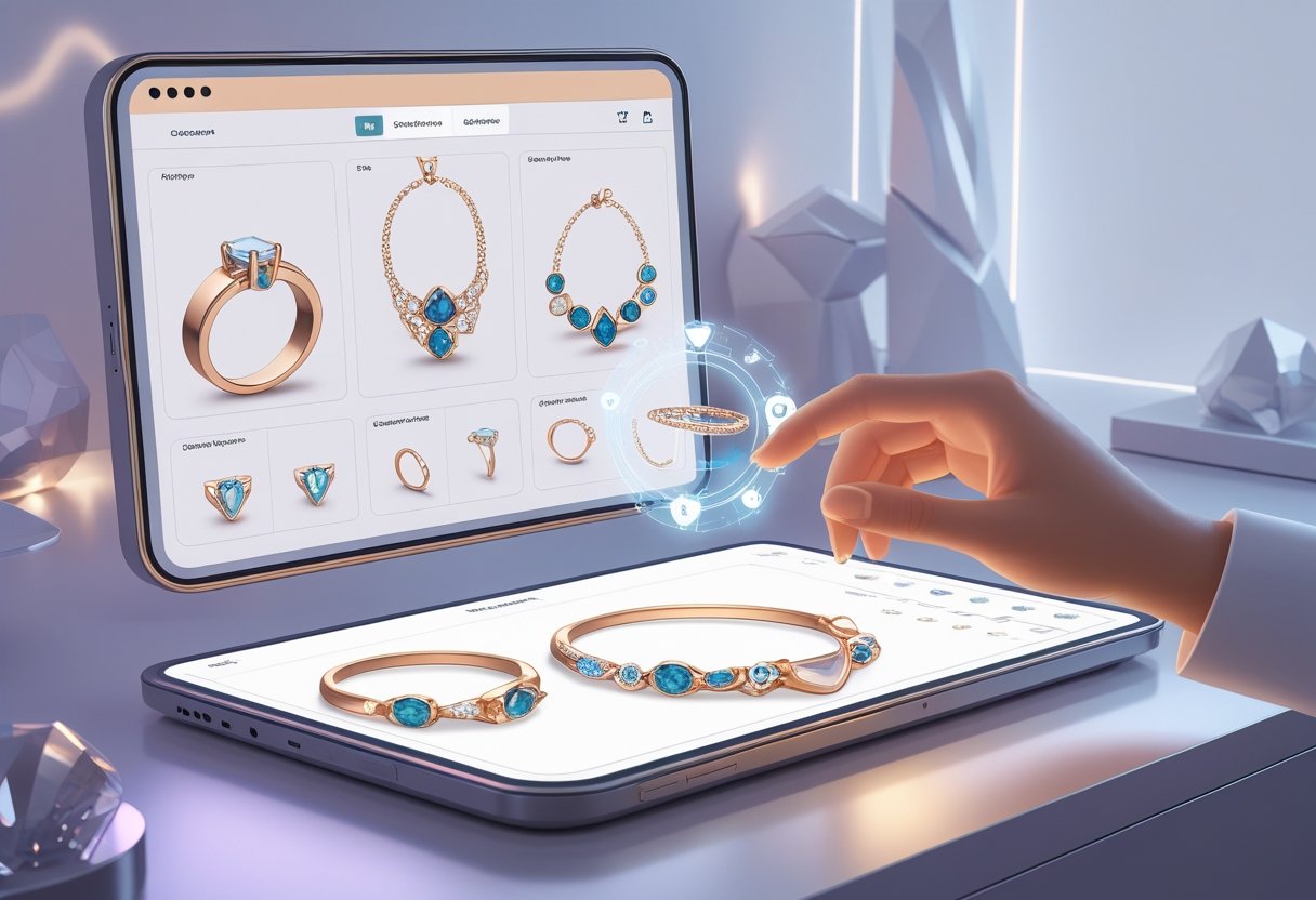 A designer's hand interacting with a holographic display showing customizable jewelry pieces in a modern workspace.