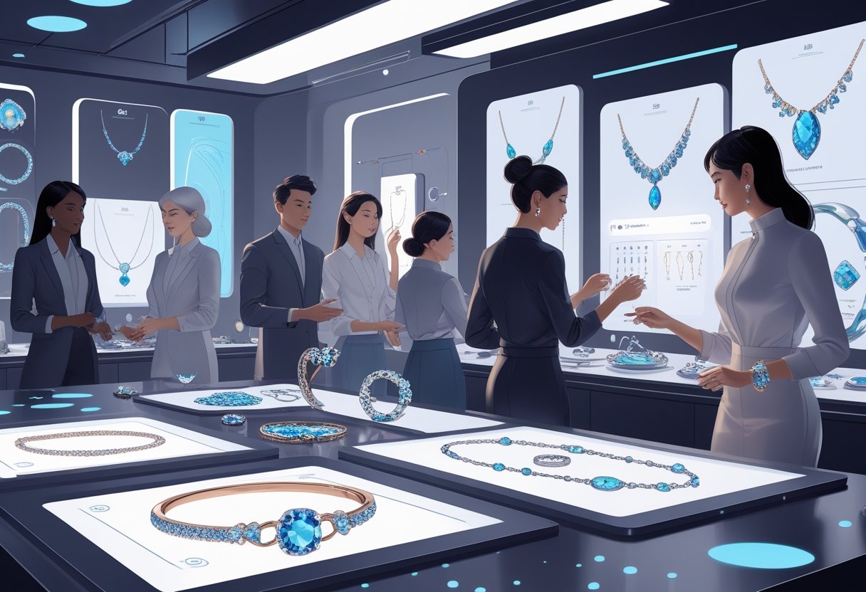 Designers working with holographic displays to create custom jewelry pieces in a modern studio.