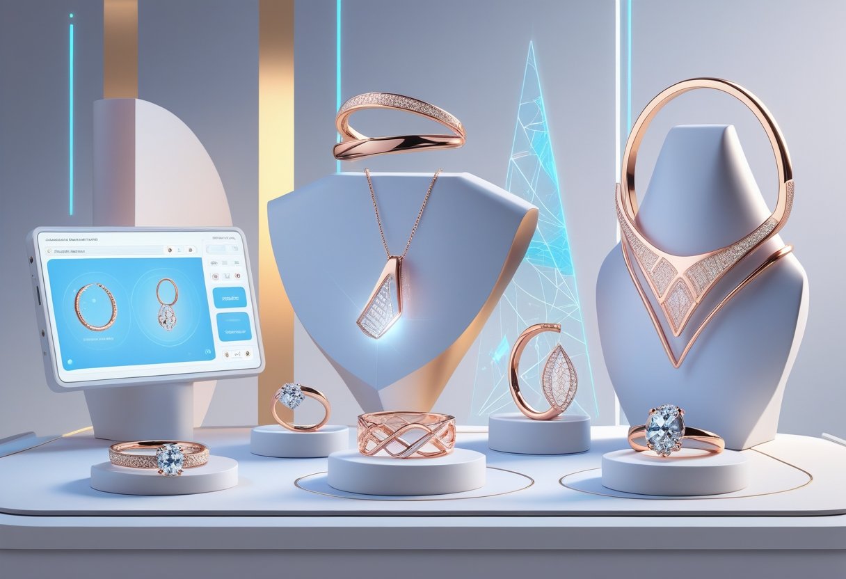 A designer working with a transparent touchscreen displaying 3D jewelry models, surrounded by futuristic custom rings, necklaces, and bracelets with modern patterns.