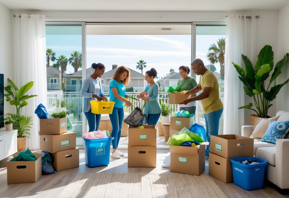 People sorting household items into boxes for donation and recycling in a bright living room with plants and a view of a coastal neighborhood.