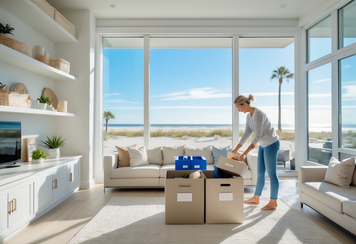 A person tidying a bright, organized living room with large windows showing a coastal view.