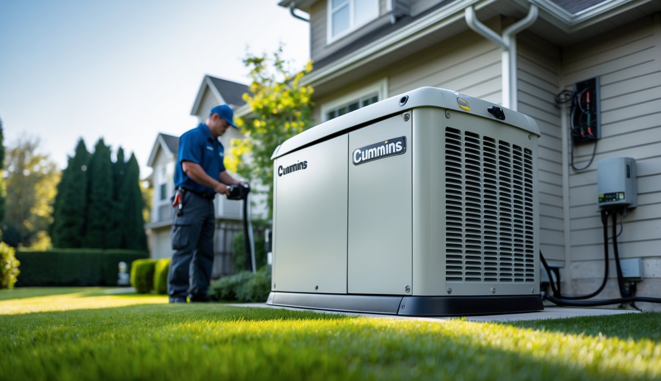 A Cummins standby generator installed outdoors next to a residential home with a person inspecting it in a backyard setting.