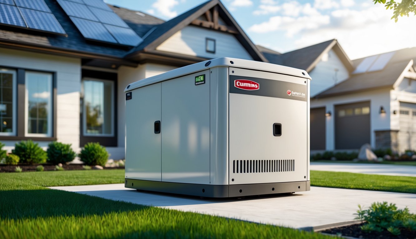 A Cummins standby generator installed outside a modern suburban house with solar panels and landscaping under a clear sky.