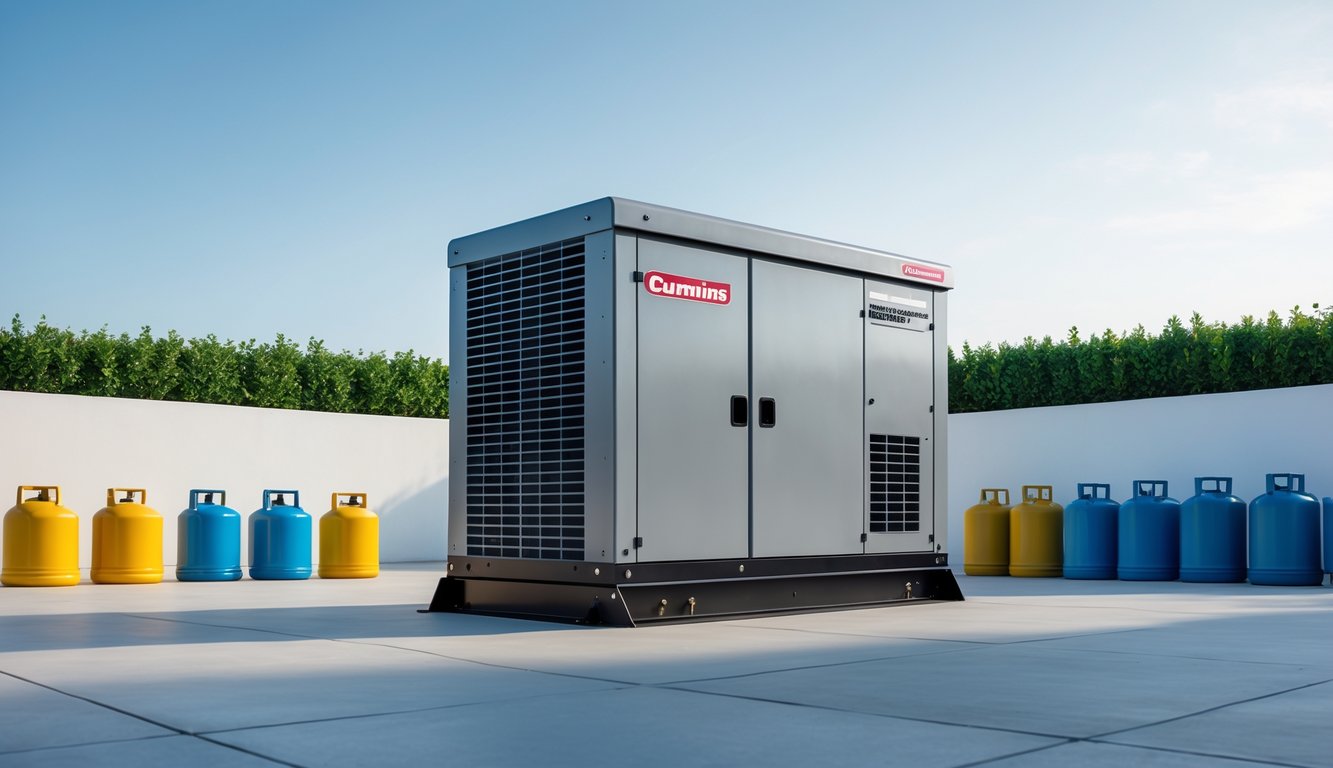 A Cummins standby generator outdoors with natural gas, diesel, and propane fuel containers nearby, set against a clear sky and green landscape.