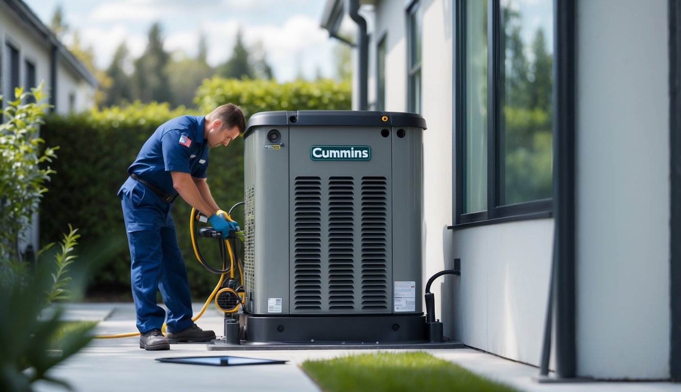Technician performing maintenance on a Cummins standby generator installed outside a building.