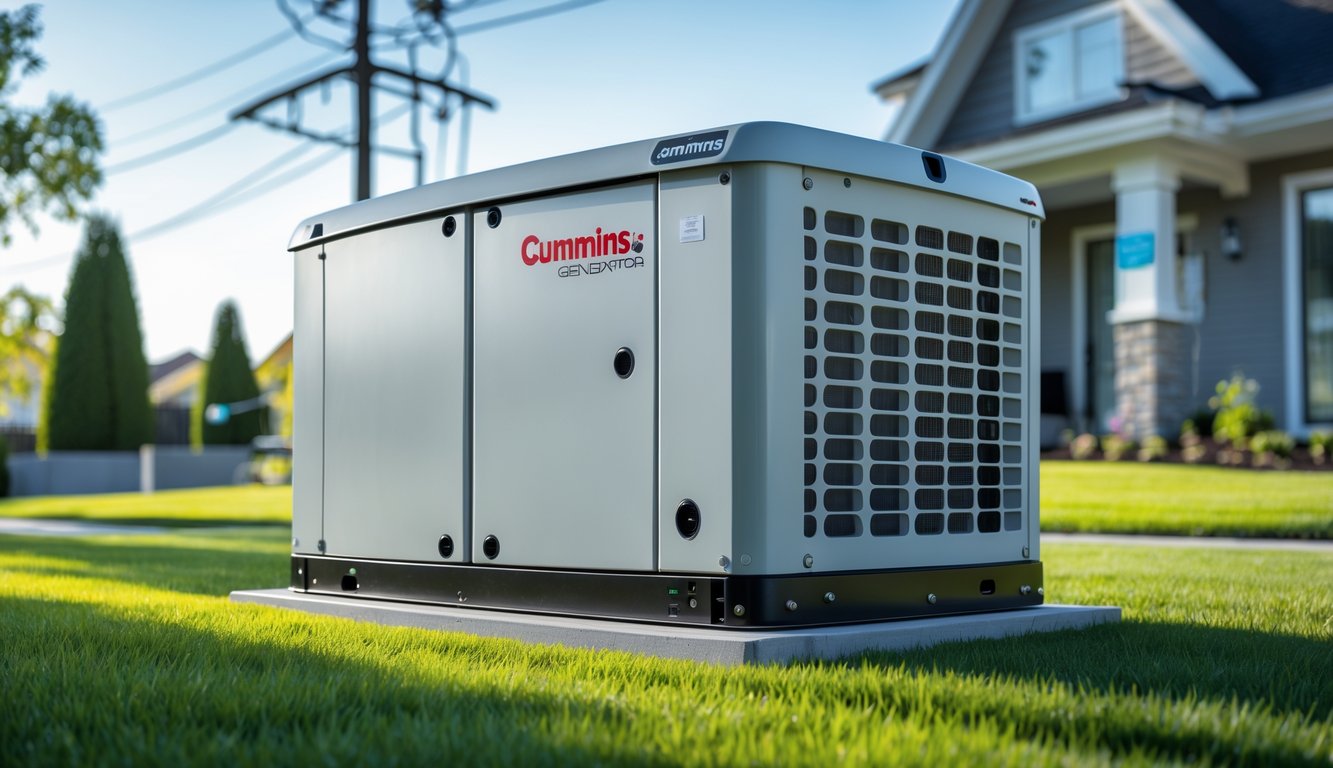 A Cummins standby generator installed outside a modern house with green grass and clear sky.