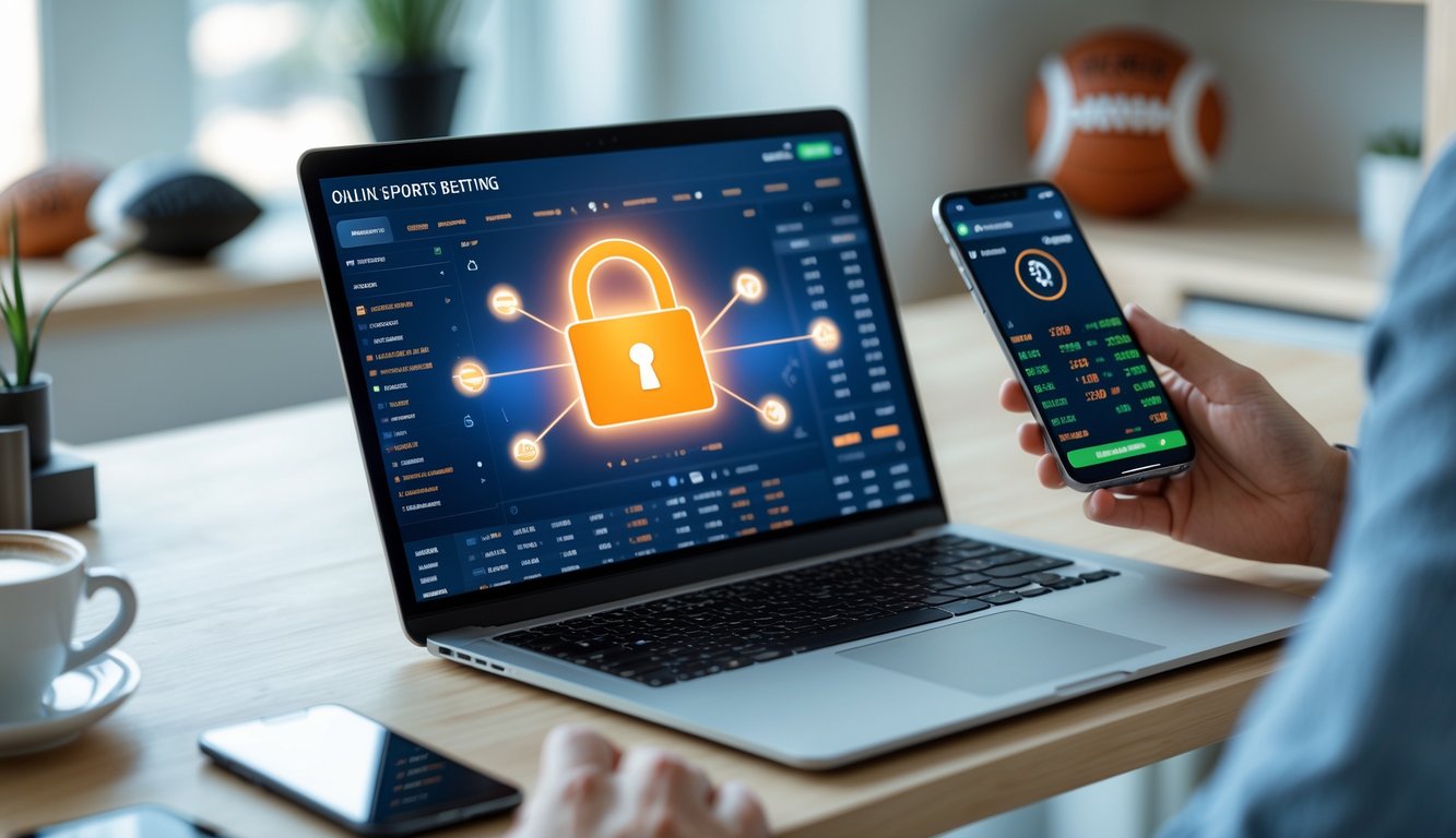 Seorang pria menggunakan laptop dan ponsel untuk memasang taruhan olahraga online di ruang kerja rumah yang nyaman.