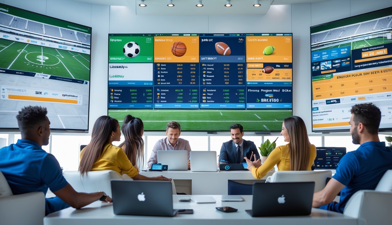 Beberapa orang sedang menggunakan perangkat elektronik di ruangan modern untuk memasang taruhan olahraga dengan layar besar menampilkan berbagai pertandingan olahraga.
