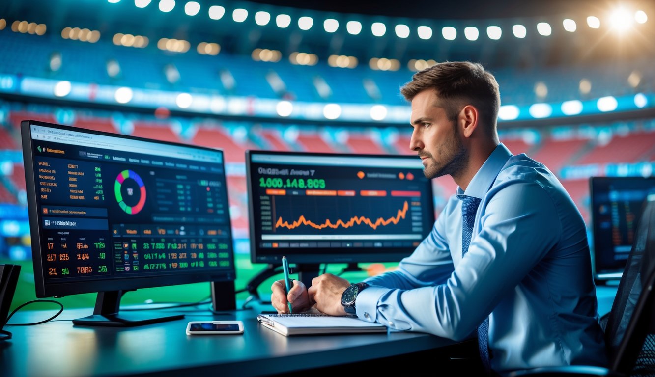 Seorang analis olahraga sedang bekerja di depan beberapa monitor komputer yang menampilkan statistik sepak bola dan data pertandingan.