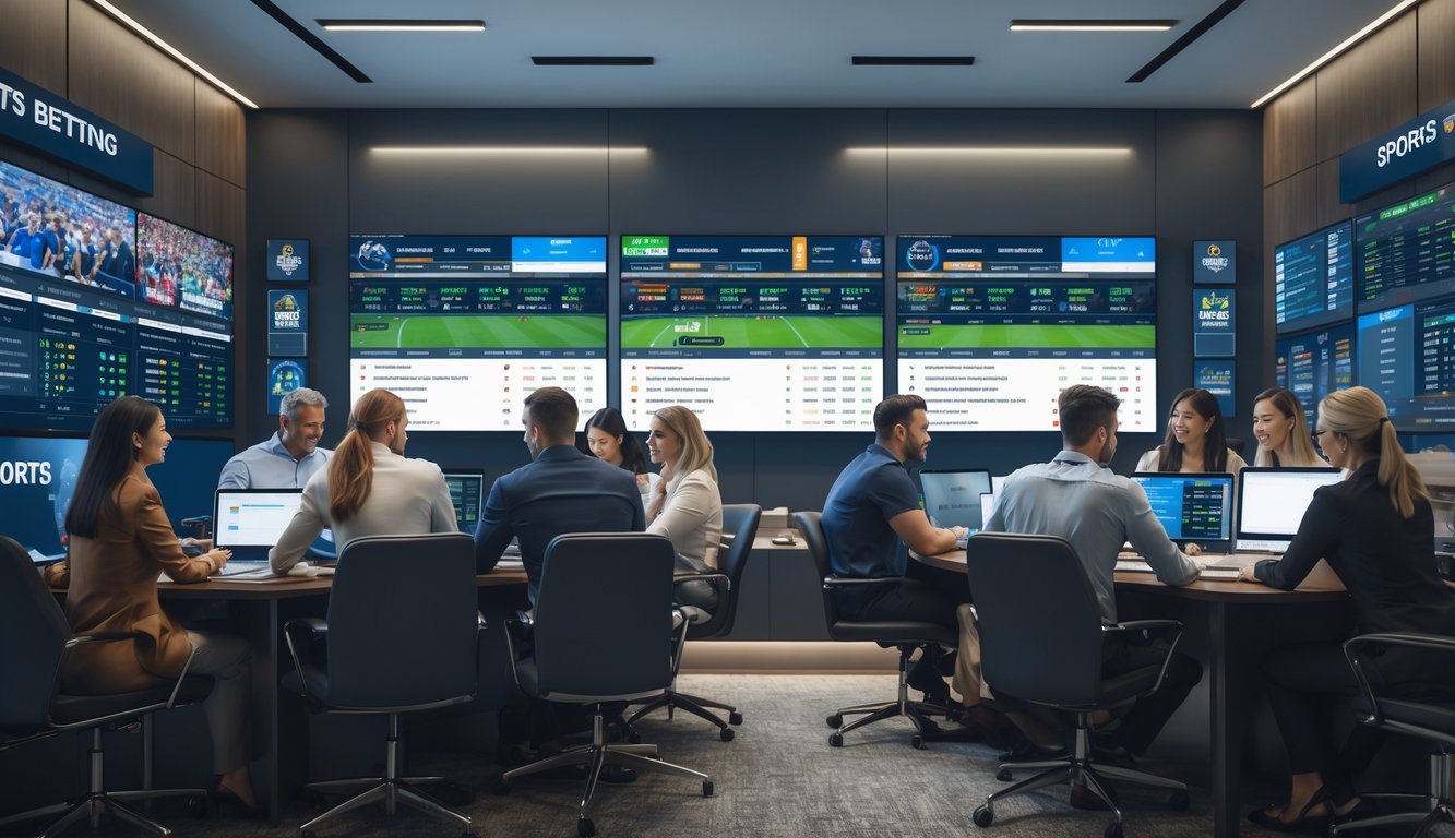 Orang-orang di kantor agen judi olahraga sedang melihat layar besar dengan pertandingan olahraga dan berdiskusi.