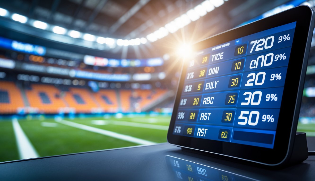 Sebuah terminal taruhan olahraga modern menampilkan berbagai angka dan persentase odds tertinggi dengan latar belakang stadion olahraga dan aksi berbagai cabang olahraga.
