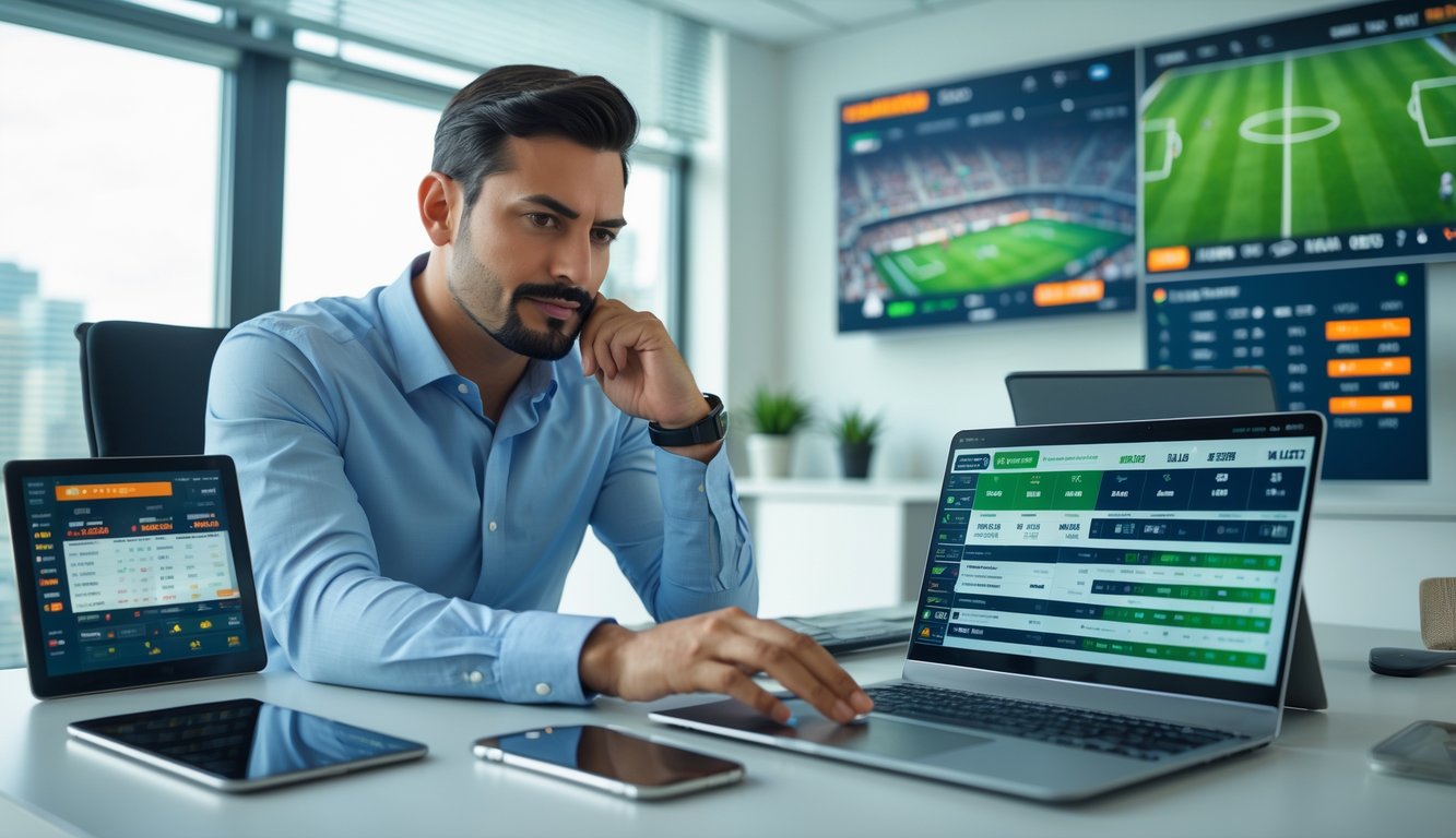 Seorang pria duduk di meja dengan perangkat digital menampilkan statistik olahraga dan peluang taruhan, sedang menganalisis data dalam suasana kantor yang terang dan teratur.