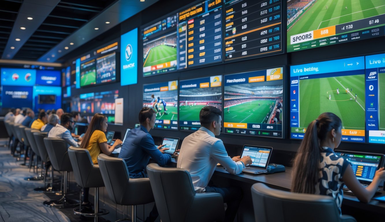 Orang-orang sedang memasang taruhan langsung pada pertandingan olahraga menggunakan layar digital dan perangkat mobile di sebuah ruang taruhan olahraga modern.