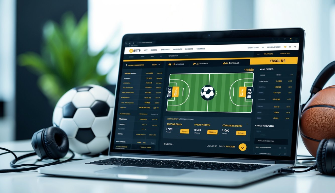 Meja kerja dengan laptop yang menampilkan situs judi olahraga online dan bola olahraga di sekitarnya.