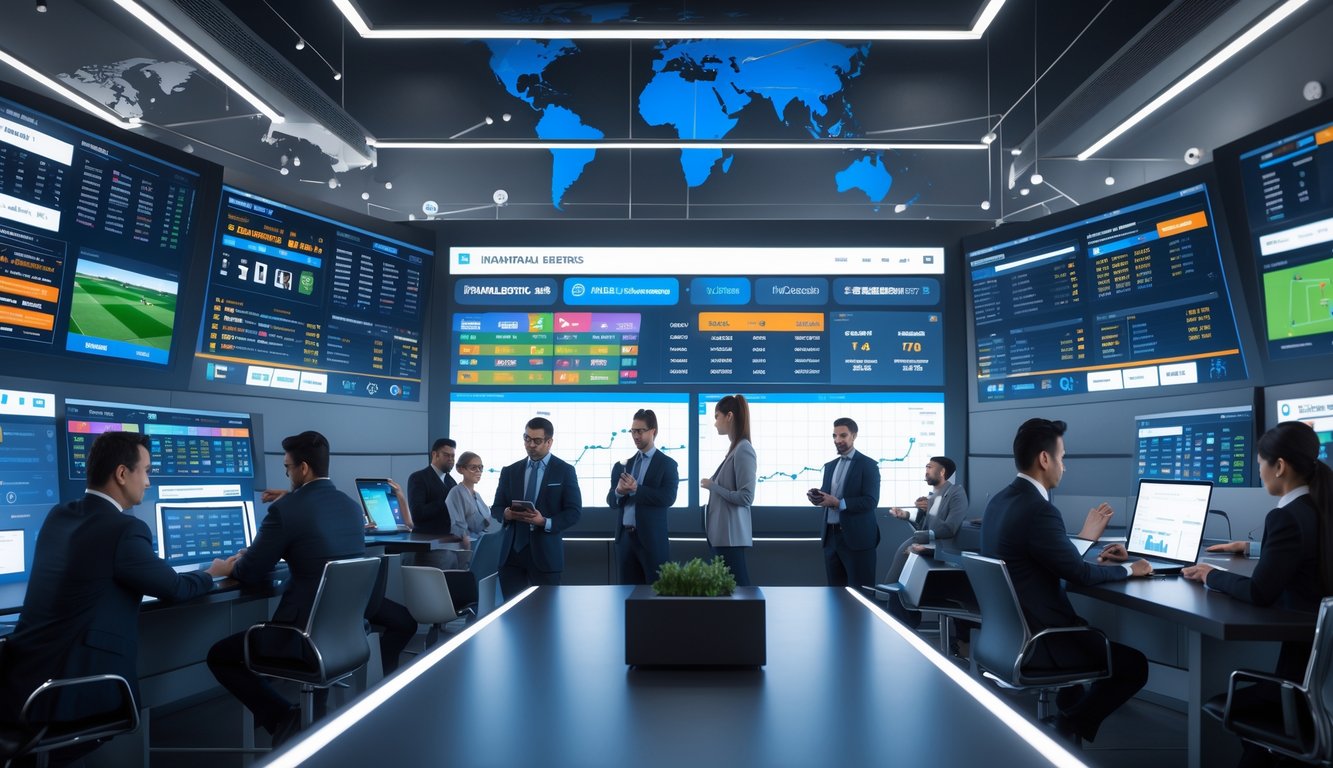 Sejumlah profesional sedang bekerja dengan layar digital yang menampilkan berbagai acara olahraga internasional dan data taruhan di sebuah ruang kerja modern.
