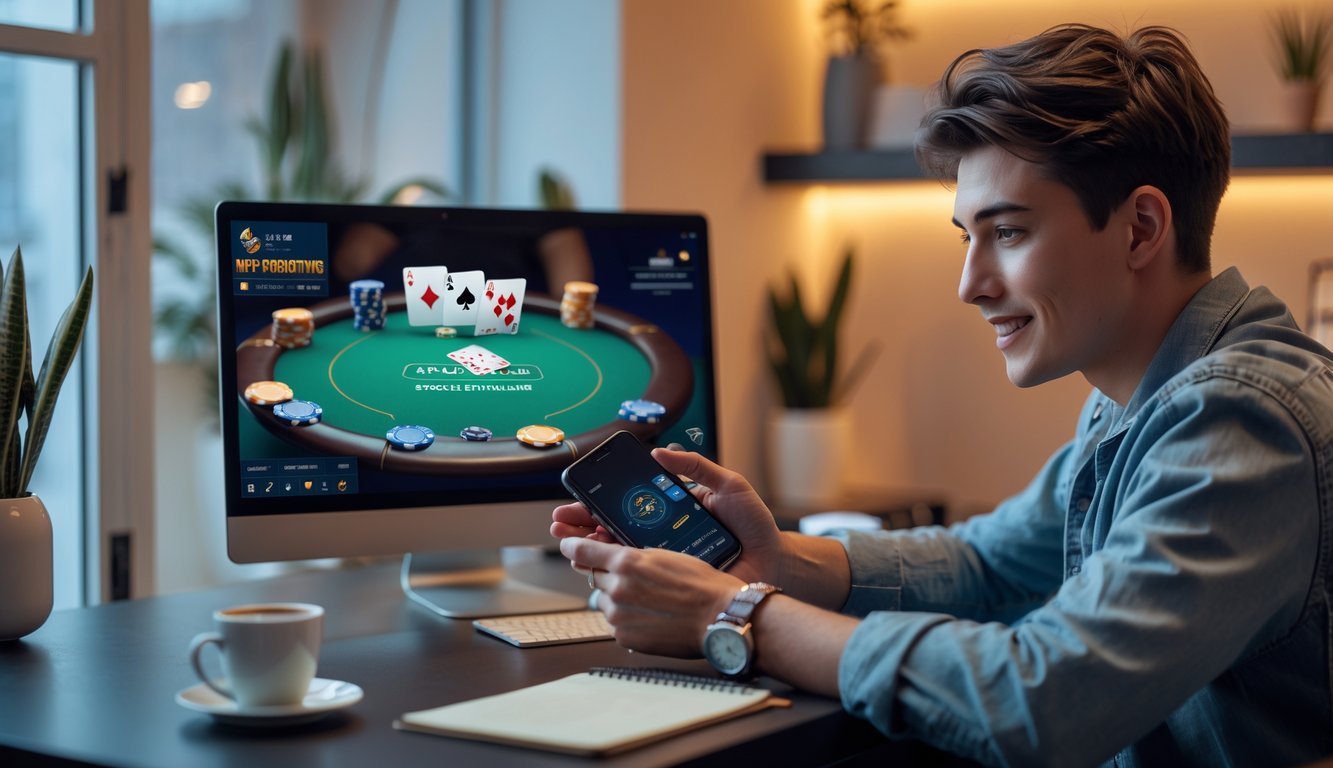 Seseorang sedang bermain poker online menggunakan laptop dan ponsel di meja kerja yang rapi.