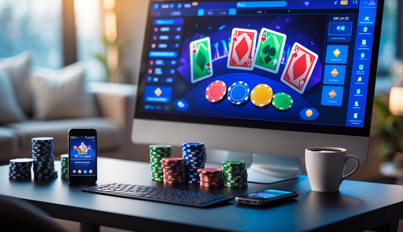 Suasana ruang kerja dengan komputer menampilkan permainan poker online dan tumpukan chip poker di atas meja.