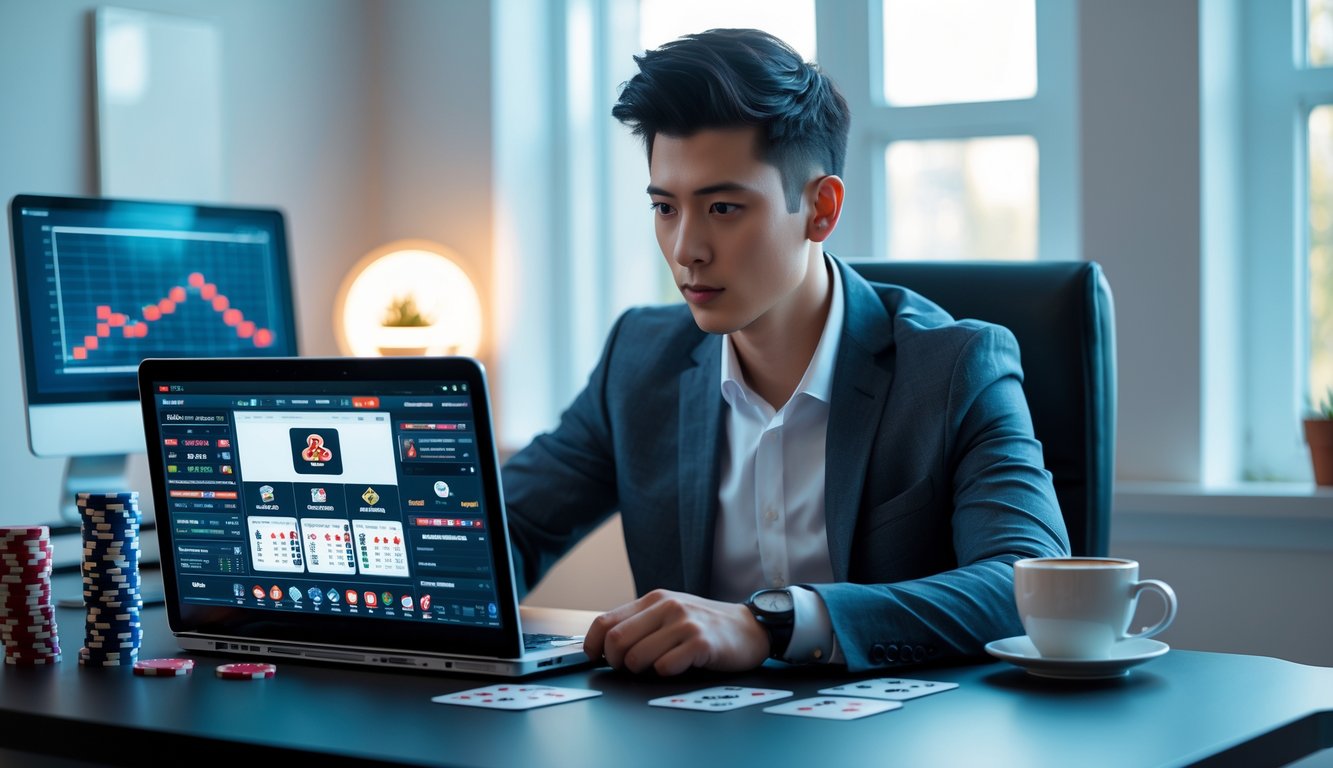 Seorang pria muda duduk di depan laptop dengan permainan poker online di layar, dikelilingi chip poker dan kartu, di ruang kerja yang terang dan rapi.