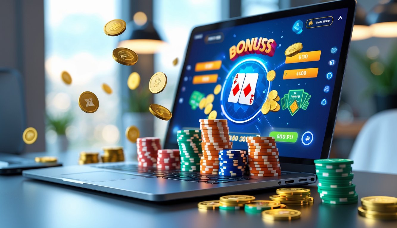Seseorang bermain poker online dengan tumpukan chip poker dan kartu di depan layar komputer, menunjukkan suasana kemenangan dan bonus besar.