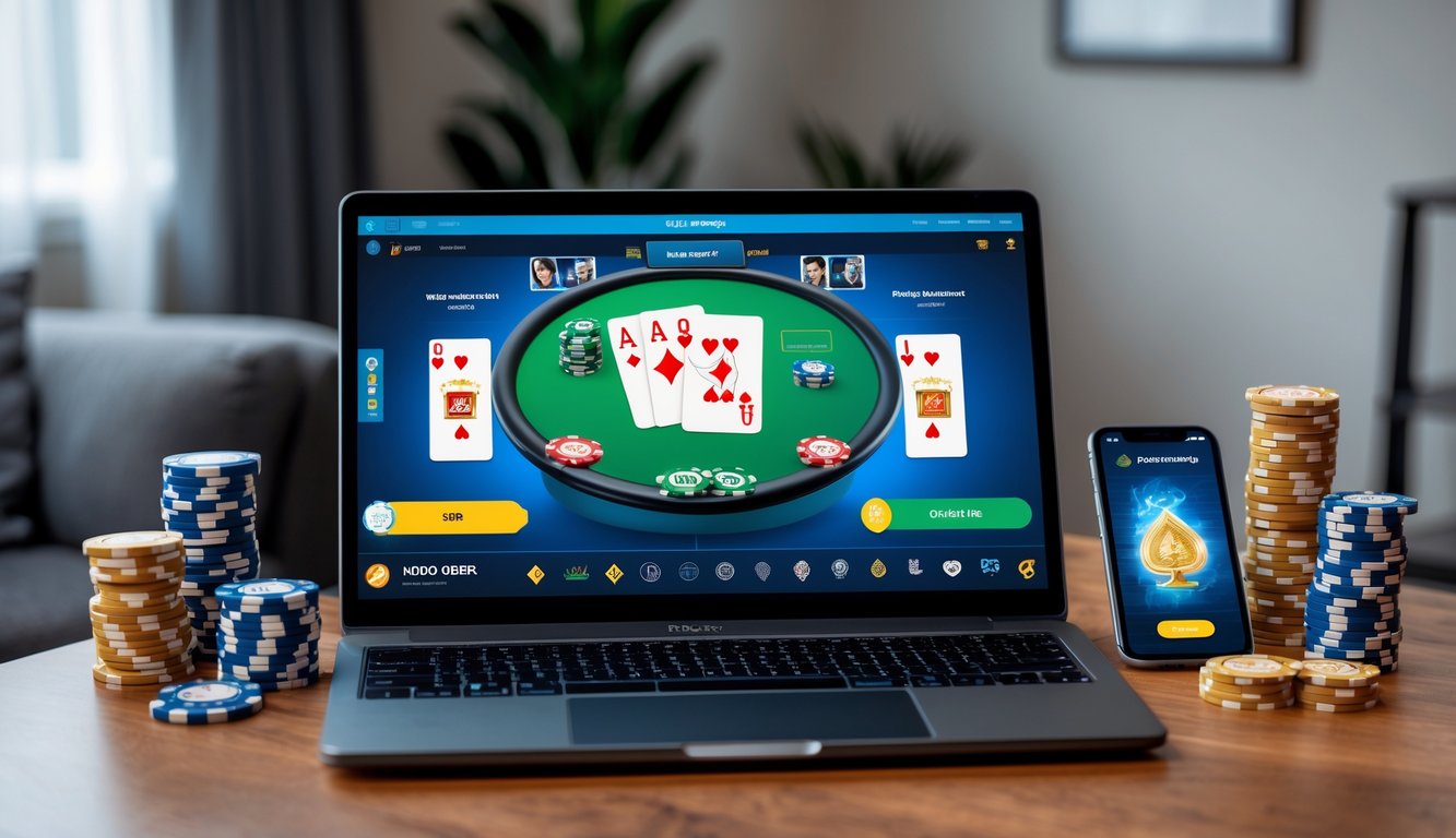 Seorang pemain poker online duduk di depan komputer dengan tumpukan chip poker dan kartu yang menunjukkan kemenangan.