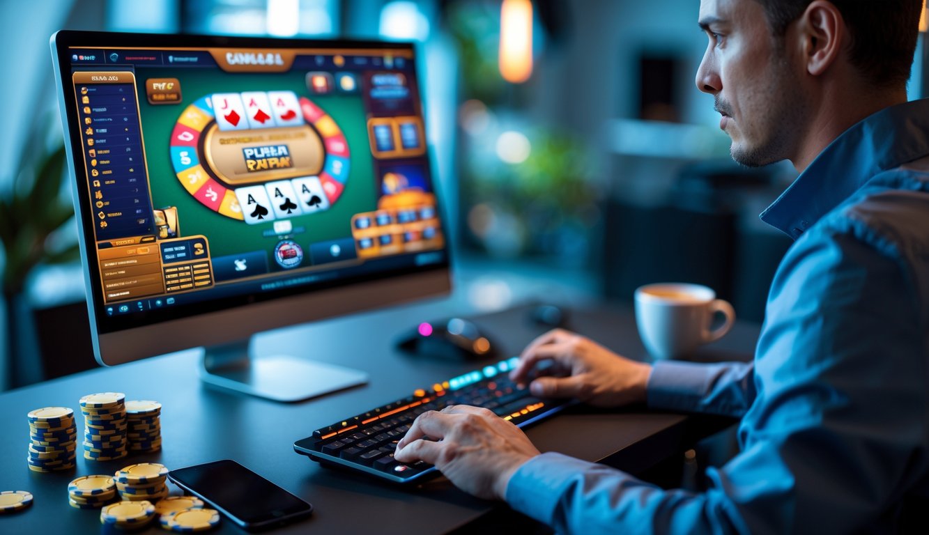 Seorang pemain dewasa sedang fokus bermain poker online di depan komputer dengan tumpukan chip dan secangkir kopi di meja.