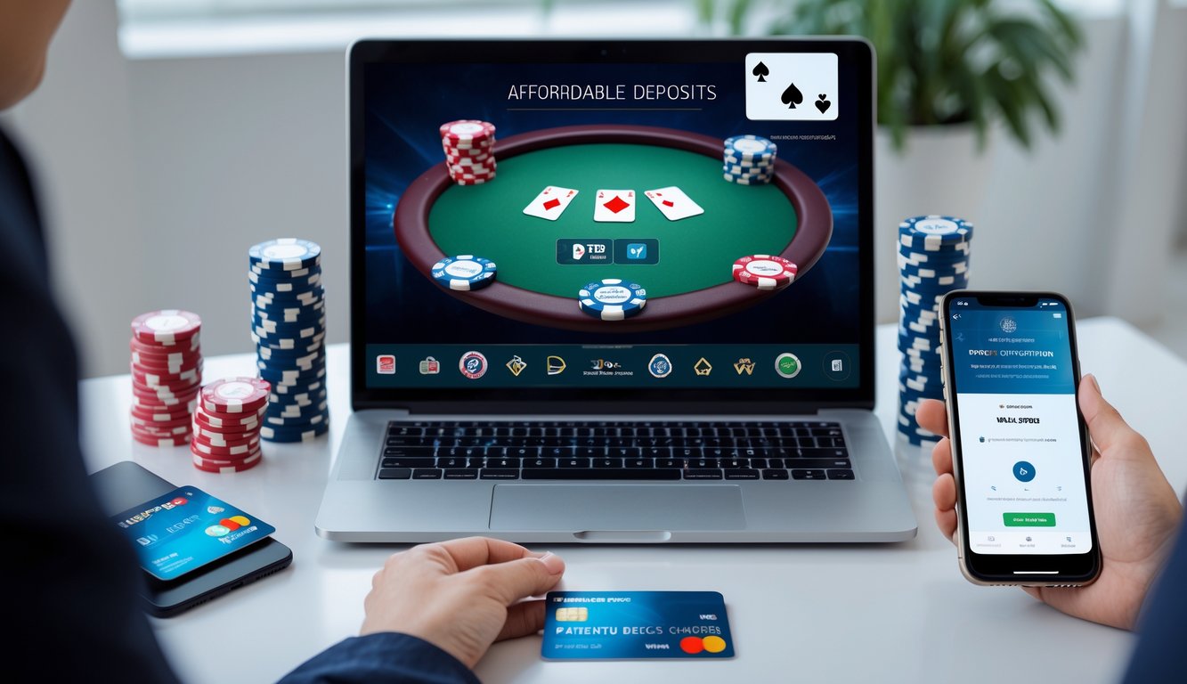 Seseorang menggunakan komputer dengan tampilan permainan poker online dan elemen pembayaran yang menunjukkan kemudahan deposit murah.