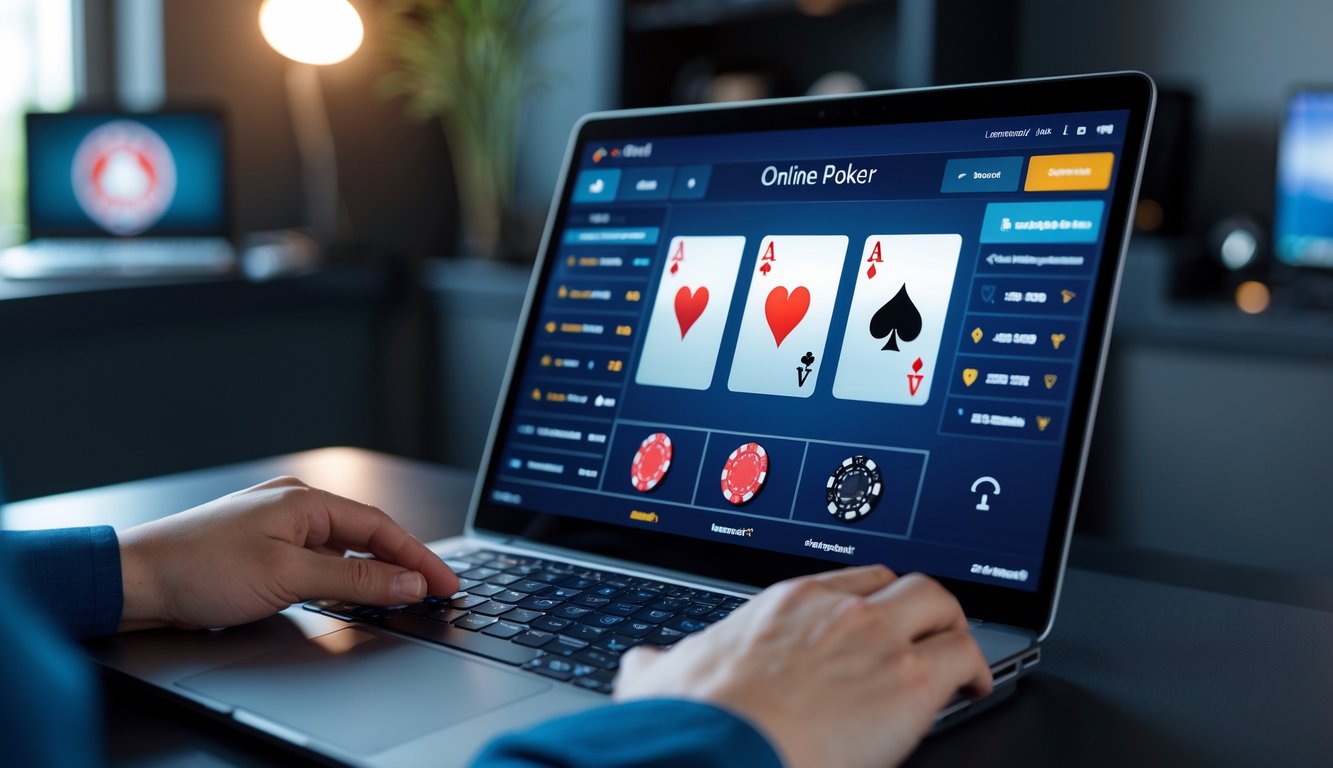 Seseorang bermain poker online di laptop di ruangan yang nyaman dan aman.