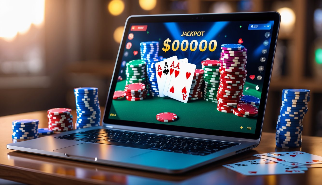 Sebuah meja dengan laptop menampilkan permainan poker online dengan tumpukan chip poker dan kartu bermain di sekitarnya.