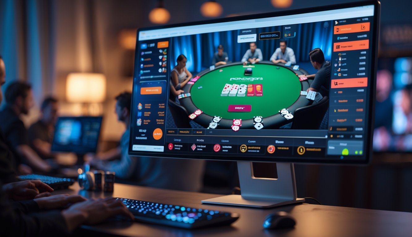 Sebuah layar komputer menampilkan permainan poker online dengan tumpukan chip dan kartu di ruangan yang remang-remang.