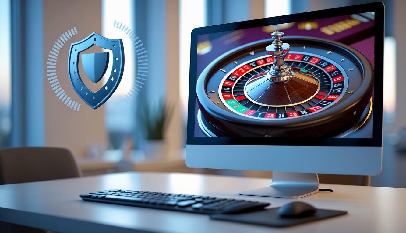 Sebuah meja kerja dengan komputer yang menampilkan roda roulette digital yang berwarna-warni dan modern.