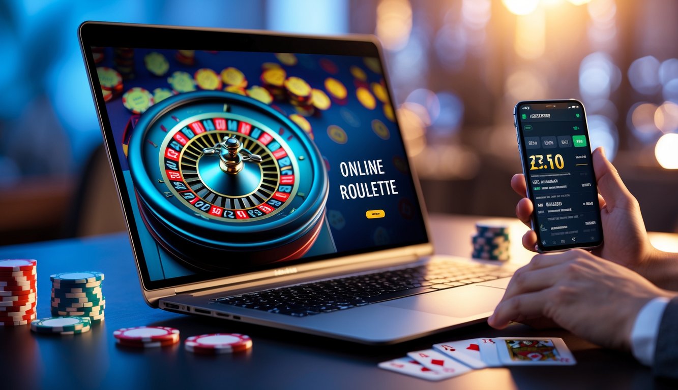 Laptop dengan roda roulette digital di layar, dikelilingi chip poker dan kartu remi di atas meja.