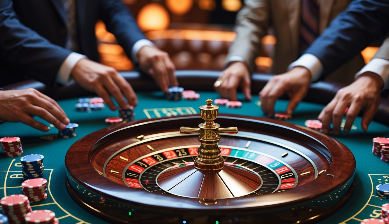 Meja roulette kasino langsung dengan roda roulette berputar dan tangan pemain menempatkan chip taruhan.