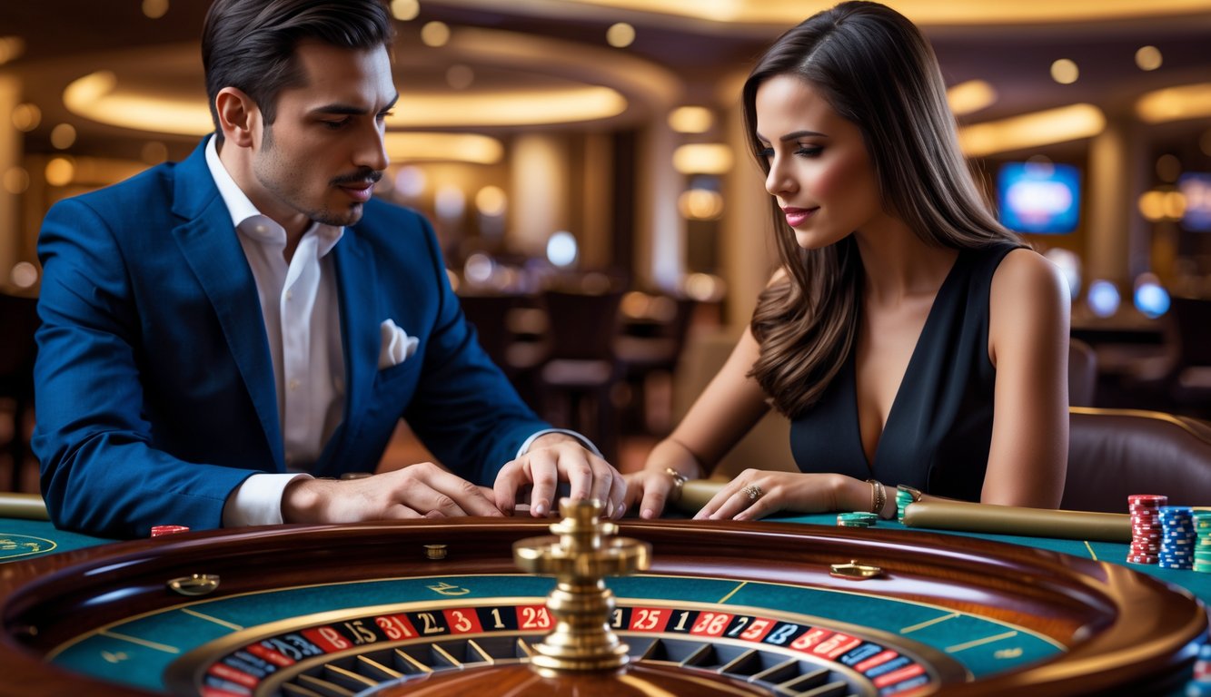 Dua orang sedang berdiskusi serius di meja roulette di dalam kasino mewah.