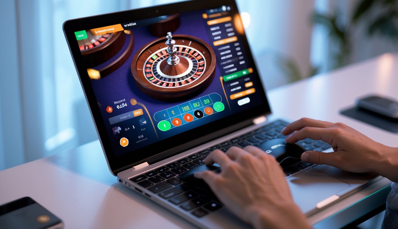 Seseorang bermain roulette online menggunakan komputer di meja kerja dengan tampilan roda roulette di layar.