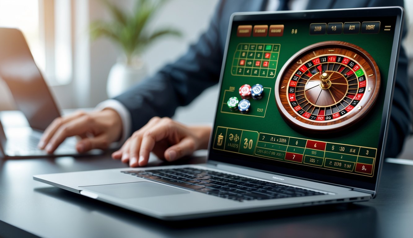 Sebuah laptop menampilkan permainan roulette online dengan roda roulette dan chip taruhan yang terlihat jelas, seseorang sedang menggunakan laptop tersebut.