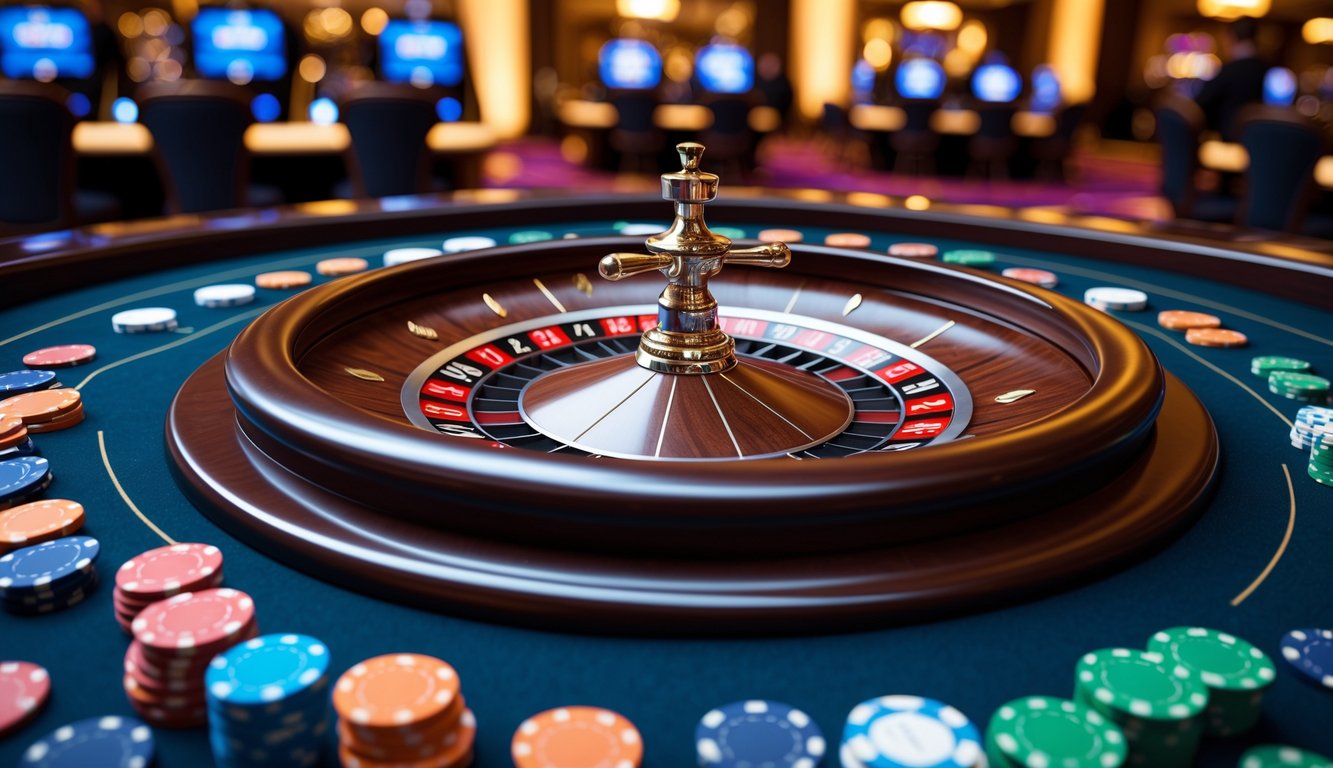 Meja roulette kasino mewah dengan roda roulette dan chip taruhan berwarna-warni di lingkungan permainan yang ramai.