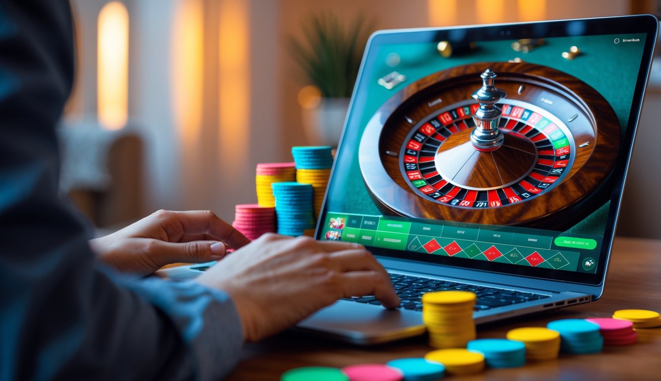Seseorang menggunakan laptop dengan tampilan roda roulette dan chip taruhan di meja.