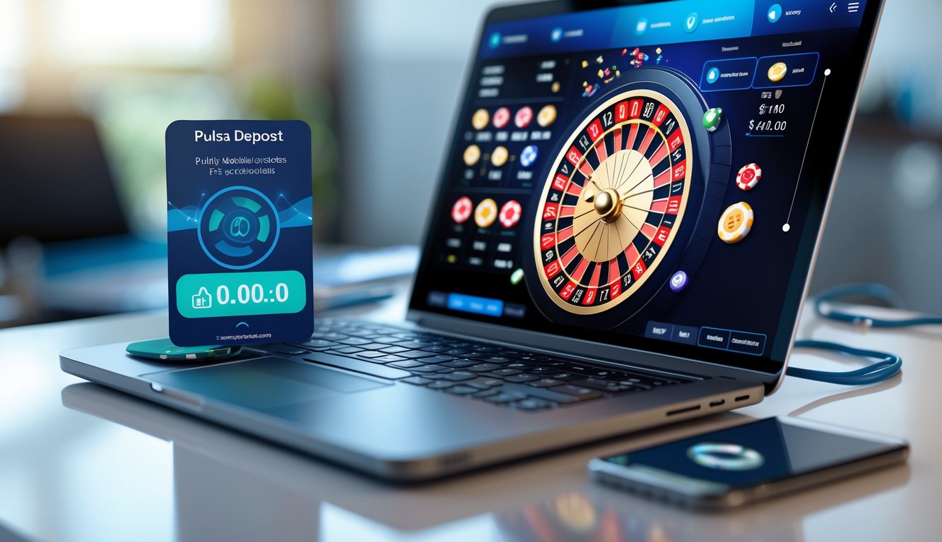 Sebuah laptop atau ponsel menampilkan permainan roulette online dengan ikon pulsa di sampingnya di meja kerja yang rapi.