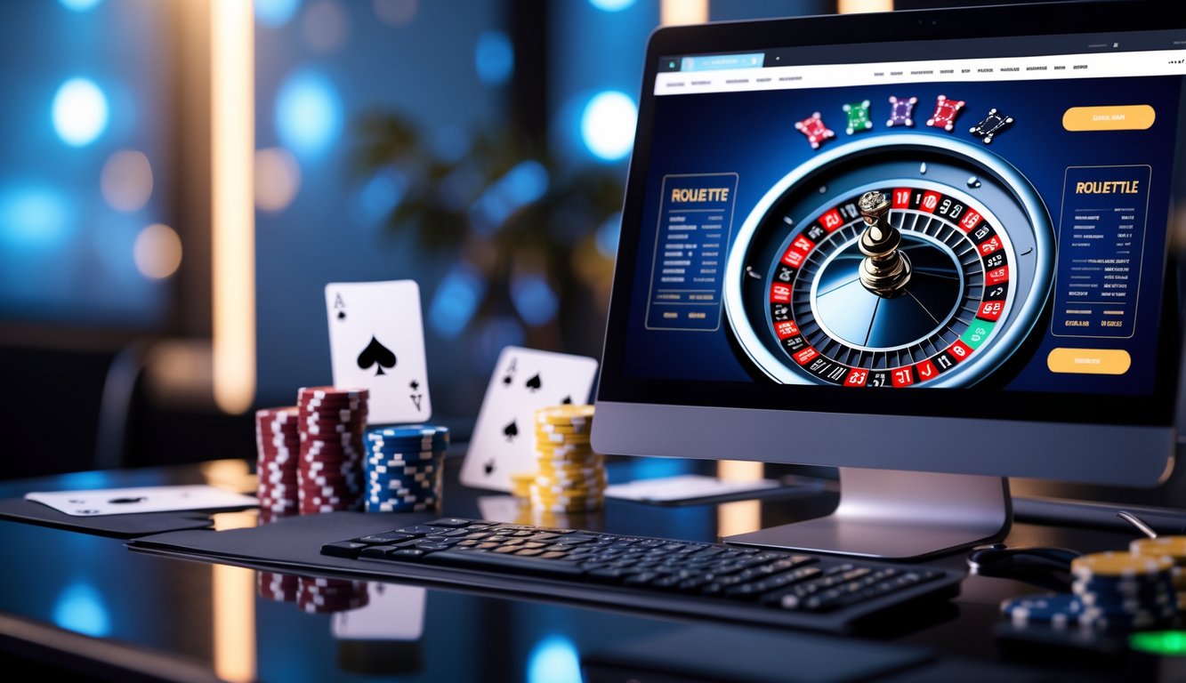 Sebuah layar komputer menampilkan permainan roulette online dengan roda roulette digital dan beberapa chip kasino di sekitarnya.
