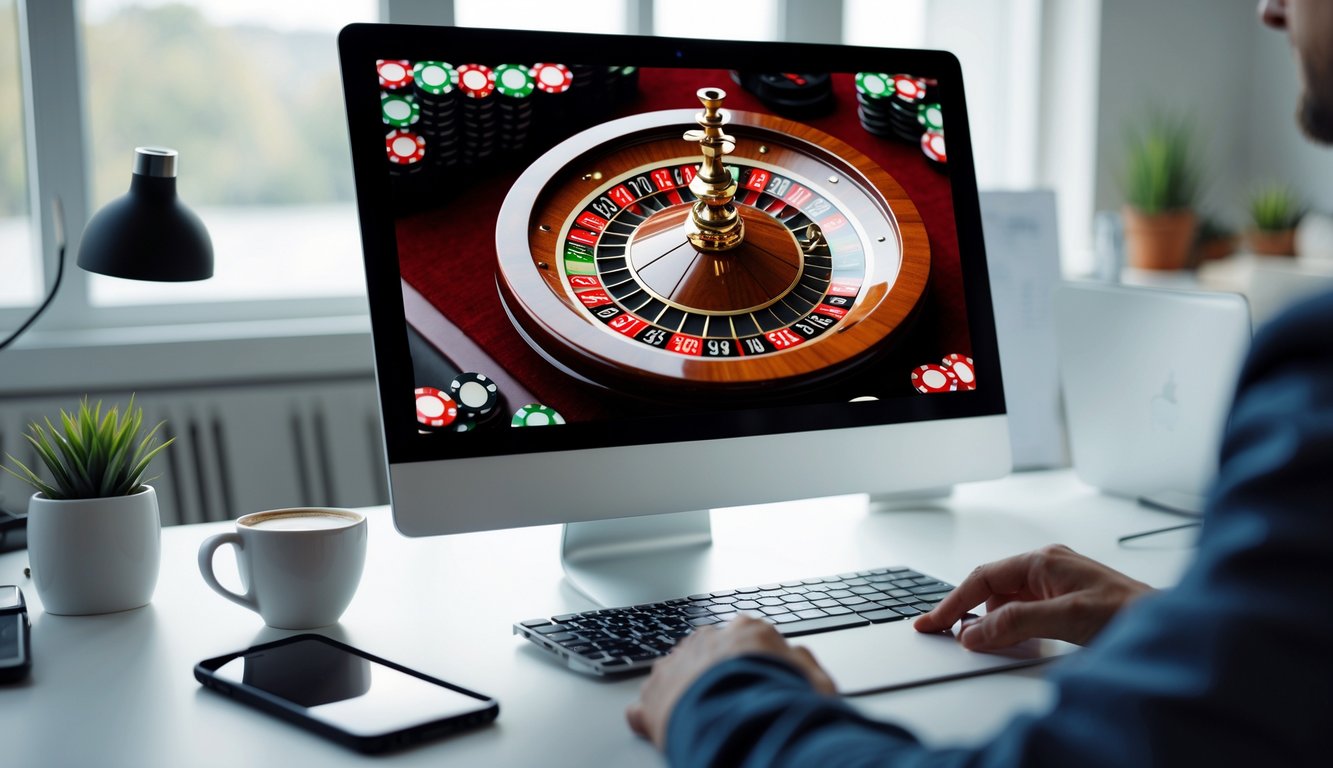 Sebuah meja kerja dengan komputer yang menampilkan roda roulette digital berwarna cerah yang sedang berputar.
