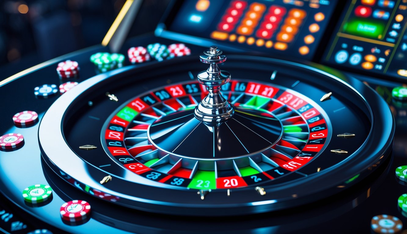 Meja permainan roulette kasino online dengan roda roulette dan antarmuka taruhan digital.