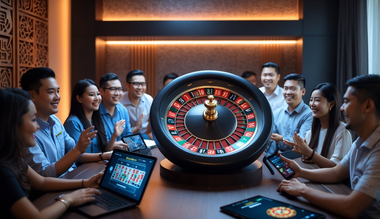 Orang-orang Indonesia bermain roulette online dengan perangkat digital di ruangan bergaya modern dan dekorasi tradisional.