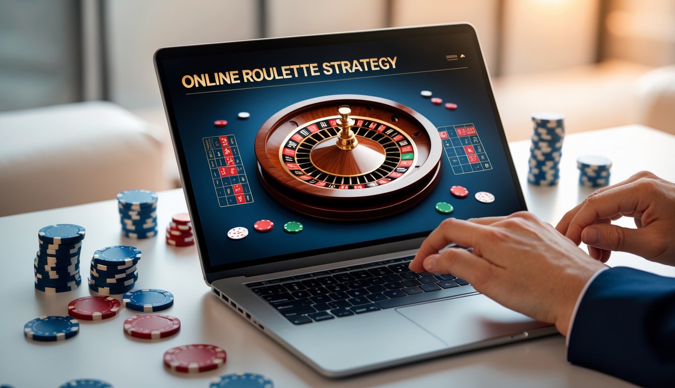 Seorang tangan sedang menggunakan laptop dengan tampilan roda roulette di layar, dikelilingi oleh chip poker dan kartu remi di atas meja.