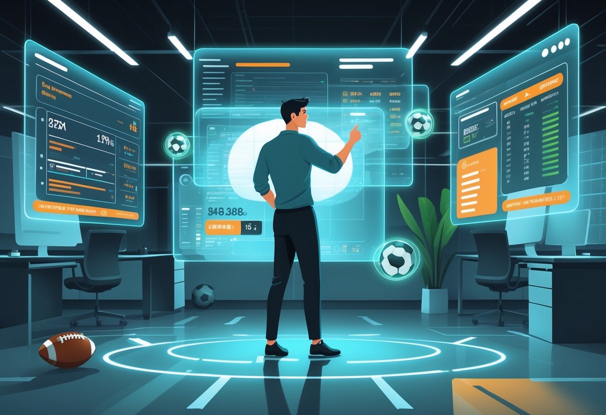 Seorang individu sedang menganalisis data taruhan sepak bola dengan layar digital transparan di lingkungan kantor modern.