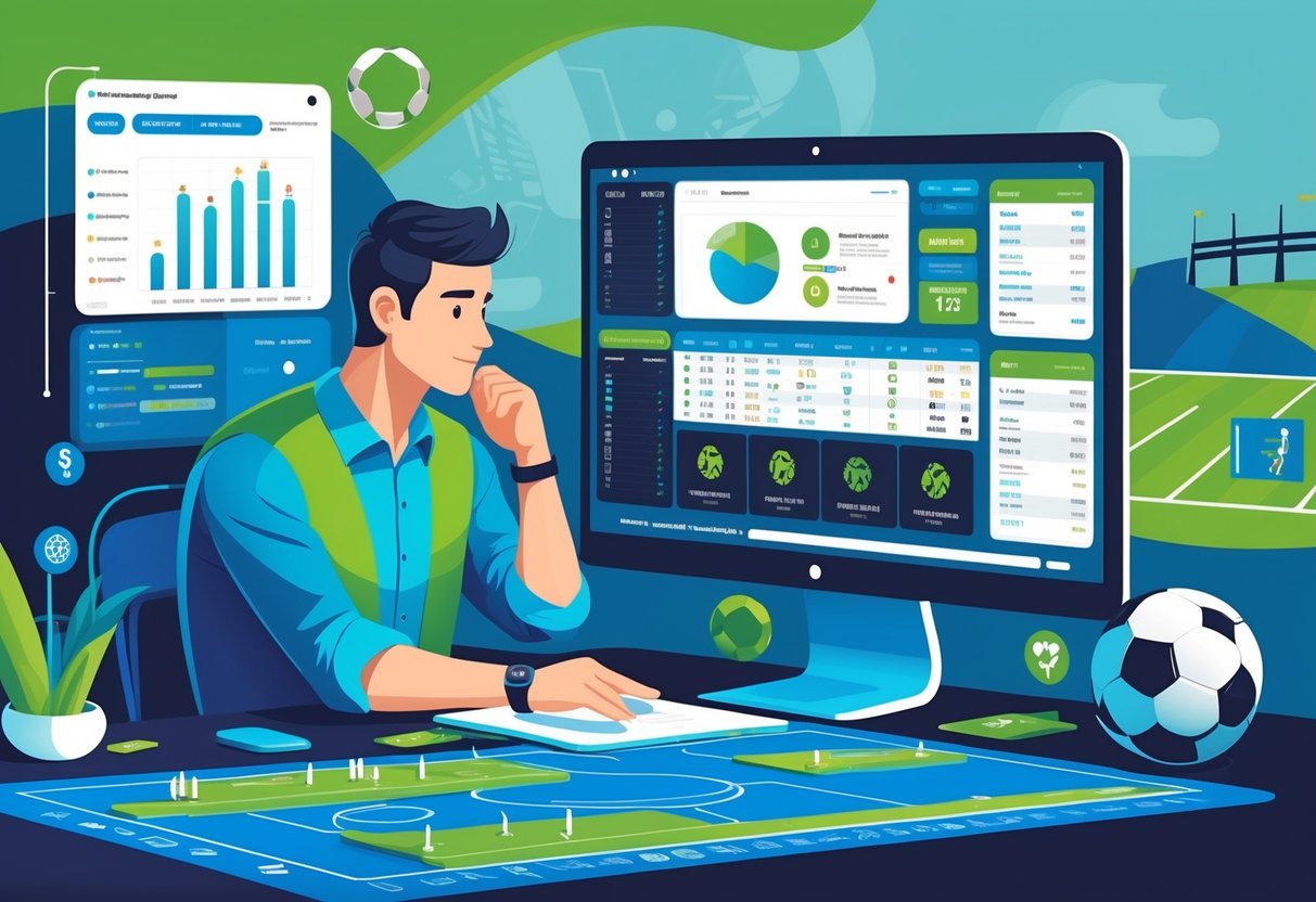 Seseorang yang sedang menganalisis data pertandingan sepak bola dengan latar belakang stadion dan bola sepak bola.