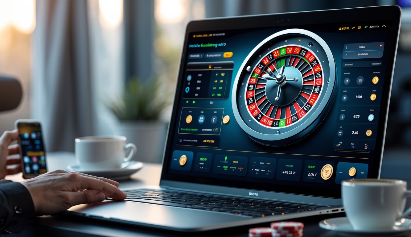 Sebuah ruangan dengan komputer yang menampilkan permainan roulette online, dengan roda roulette digital dan beberapa chip taruhan di layar.