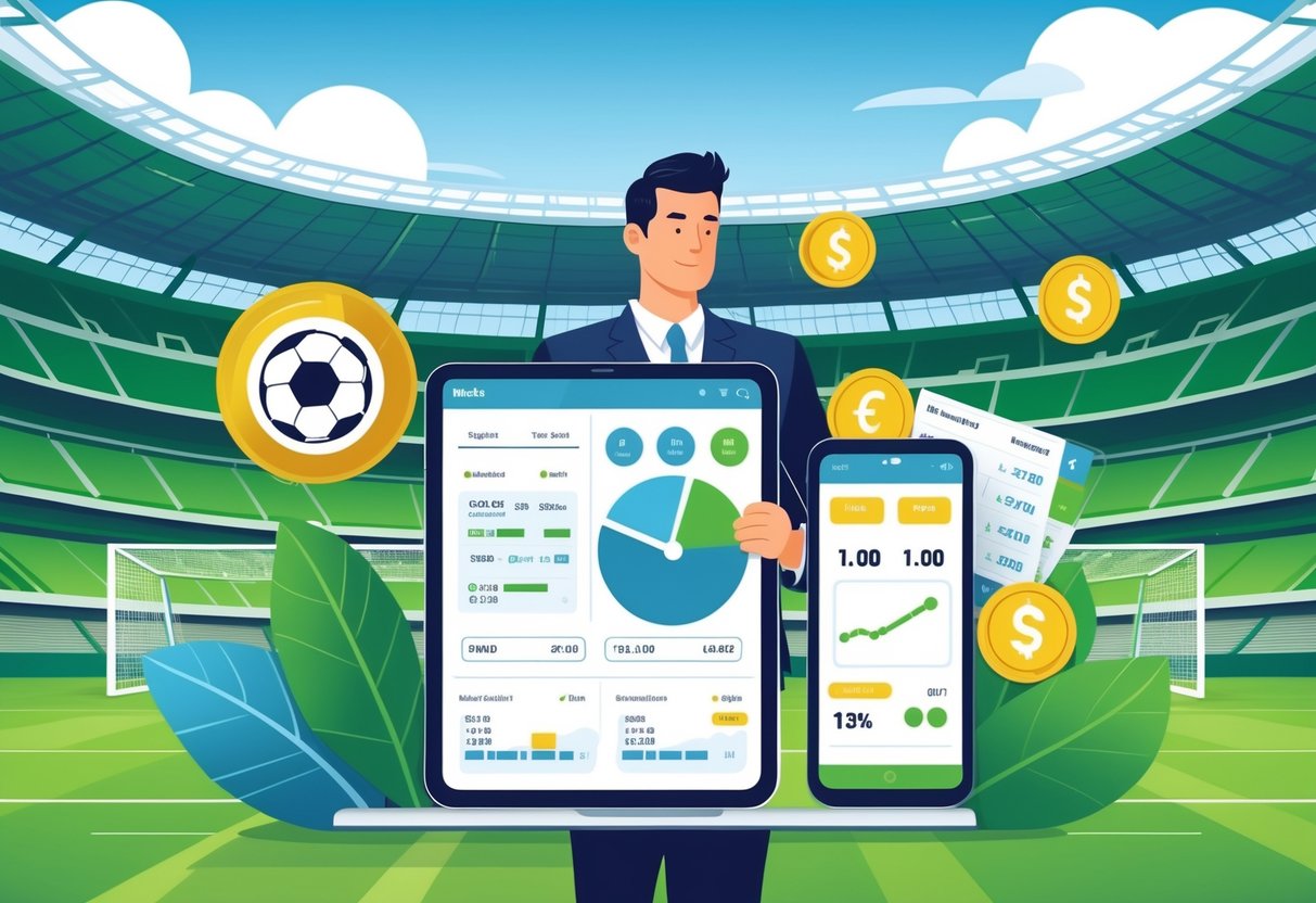 Seorang pria memegang tablet di depan stadion sepak bola dengan ikon bola, meter risiko, slip taruhan, dan simbol mata uang mengelilinginya.