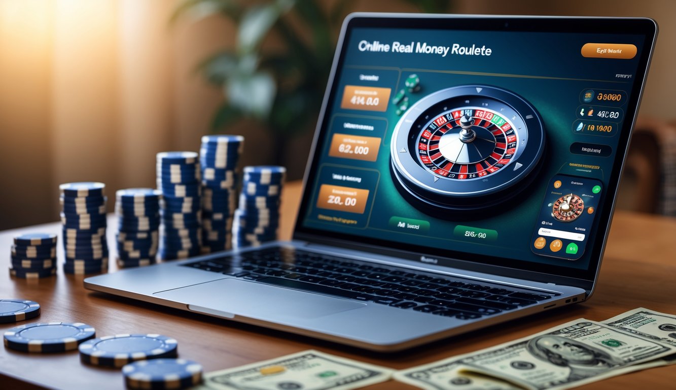 Sebuah komputer dengan layar menampilkan roda roulette online yang sedang berputar, dikelilingi oleh tumpukan chip poker dan uang kertas, di dalam ruangan dengan pencahayaan hangat.
